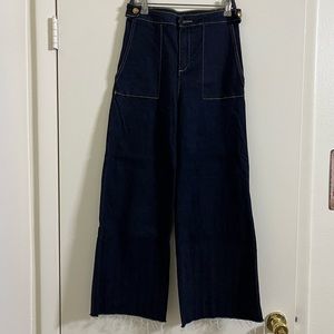 Navy Blue Button Detail High Bel Wide Leg Jeans. Size 36
